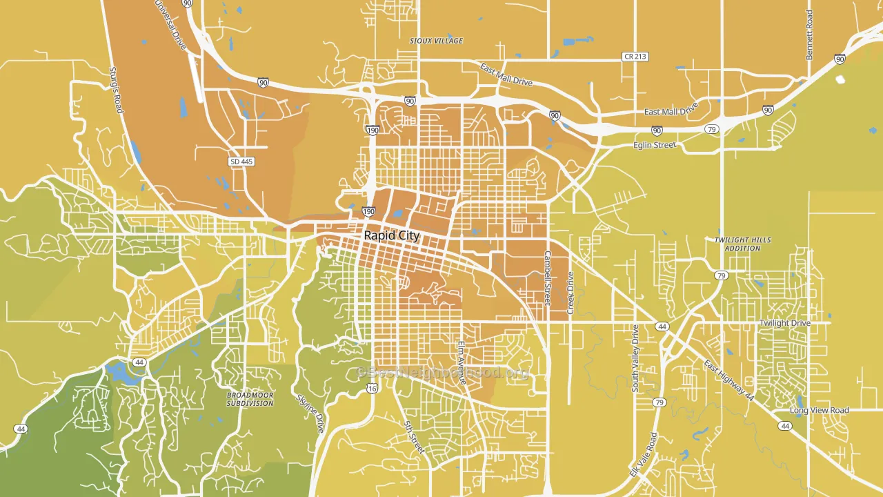 Map of the best neighborhoods in the 57701 area, with better matches in green and worse matches in red