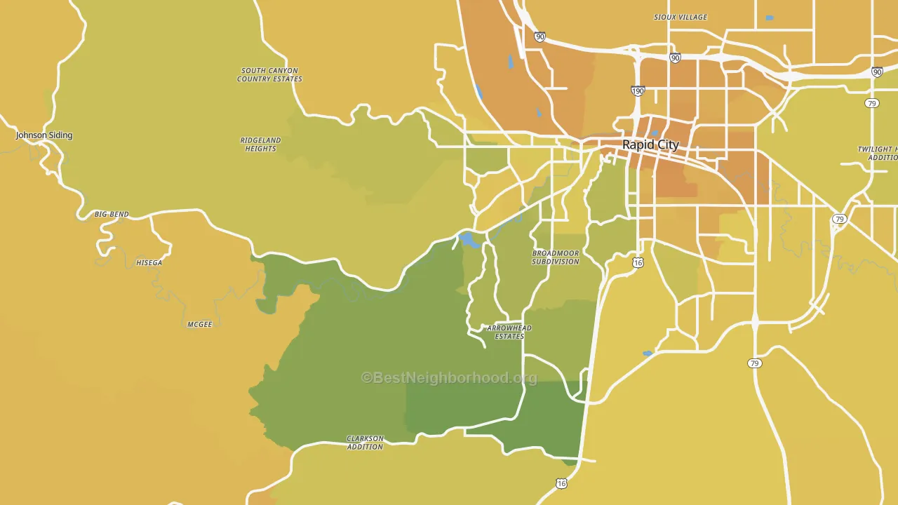 Map of the best neighborhoods in the 57702 area, with better matches in green and worse matches in red