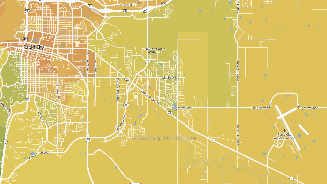 Map of the best neighborhoods in the 57703 area, with better matches in green and worse matches in red