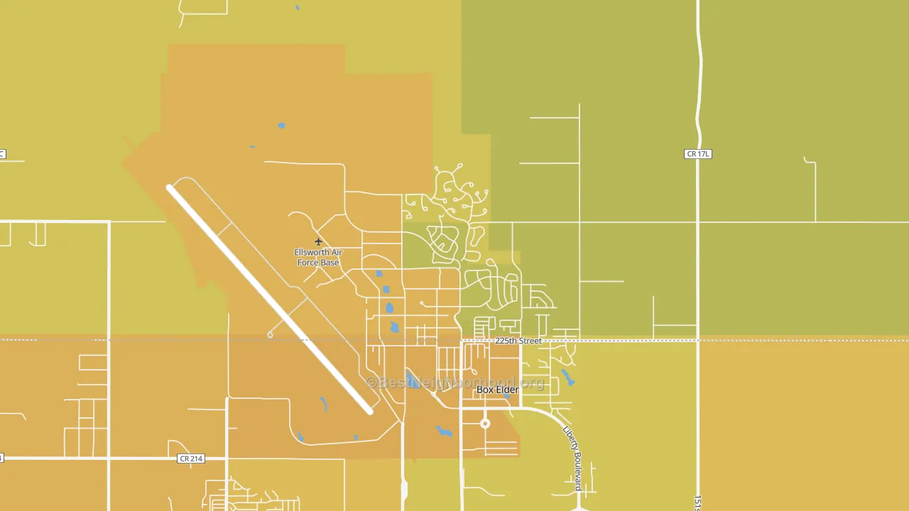 Map of the best neighborhoods in the 57706 area, with better matches in green and worse matches in red