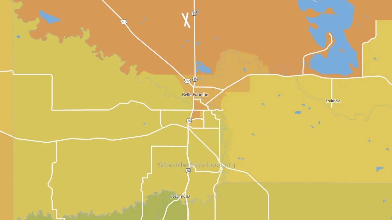 Map of the best neighborhoods in the 57717 area, with better matches in green and worse matches in red