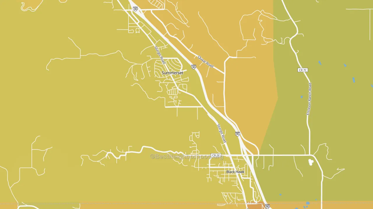 Map of the best neighborhoods in the 57718 area, with better matches in green and worse matches in red