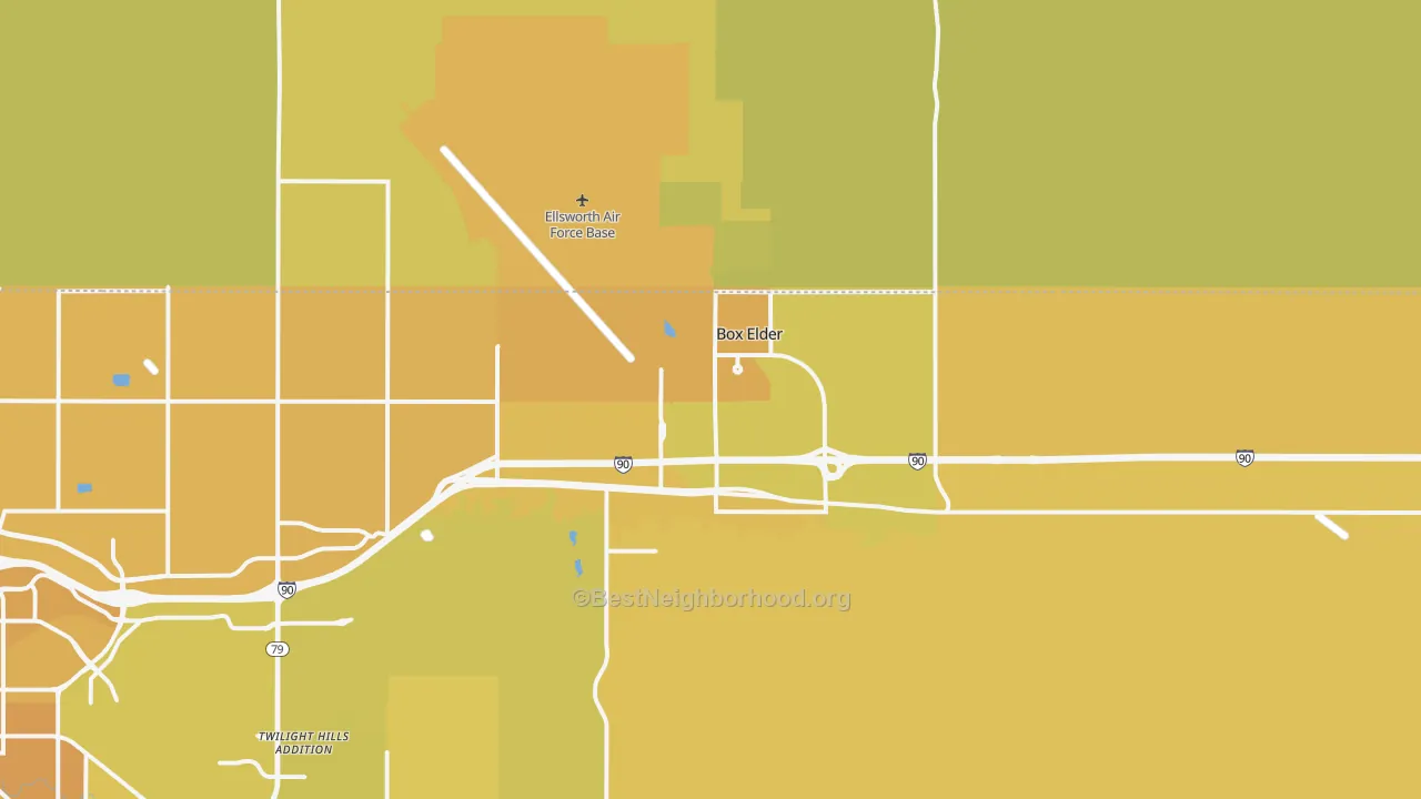 Map of the best neighborhoods in the 57719 area, with better matches in green and worse matches in red
