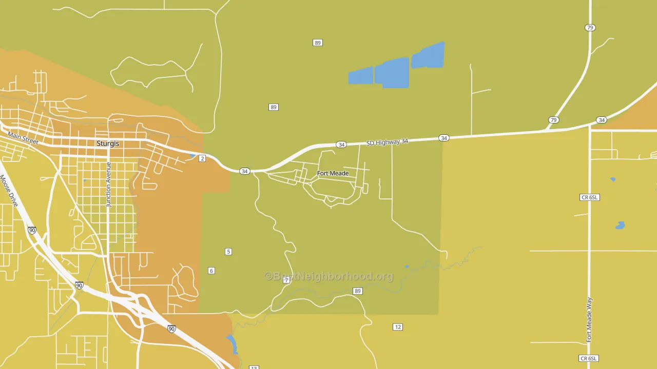 Map of the best neighborhoods in the 57741 area, with better matches in green and worse matches in red