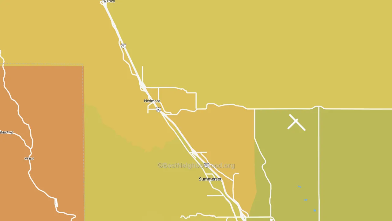 Map of the best neighborhoods in the 57769 area, with better matches in green and worse matches in red