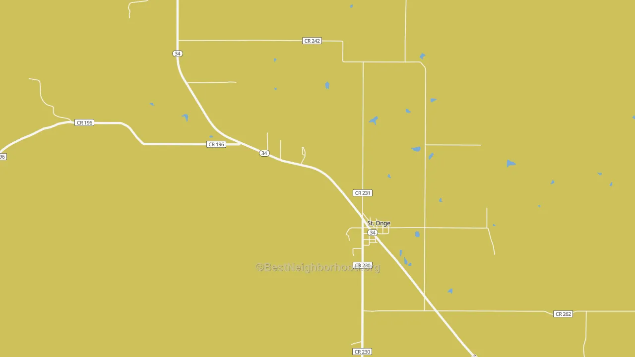 Map of the best neighborhoods in the 57779 area, with better matches in green and worse matches in red