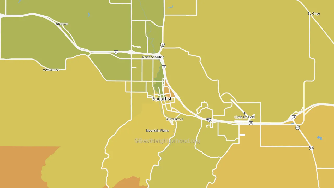 Map of the best neighborhoods in the 57783 area, with better matches in green and worse matches in red
