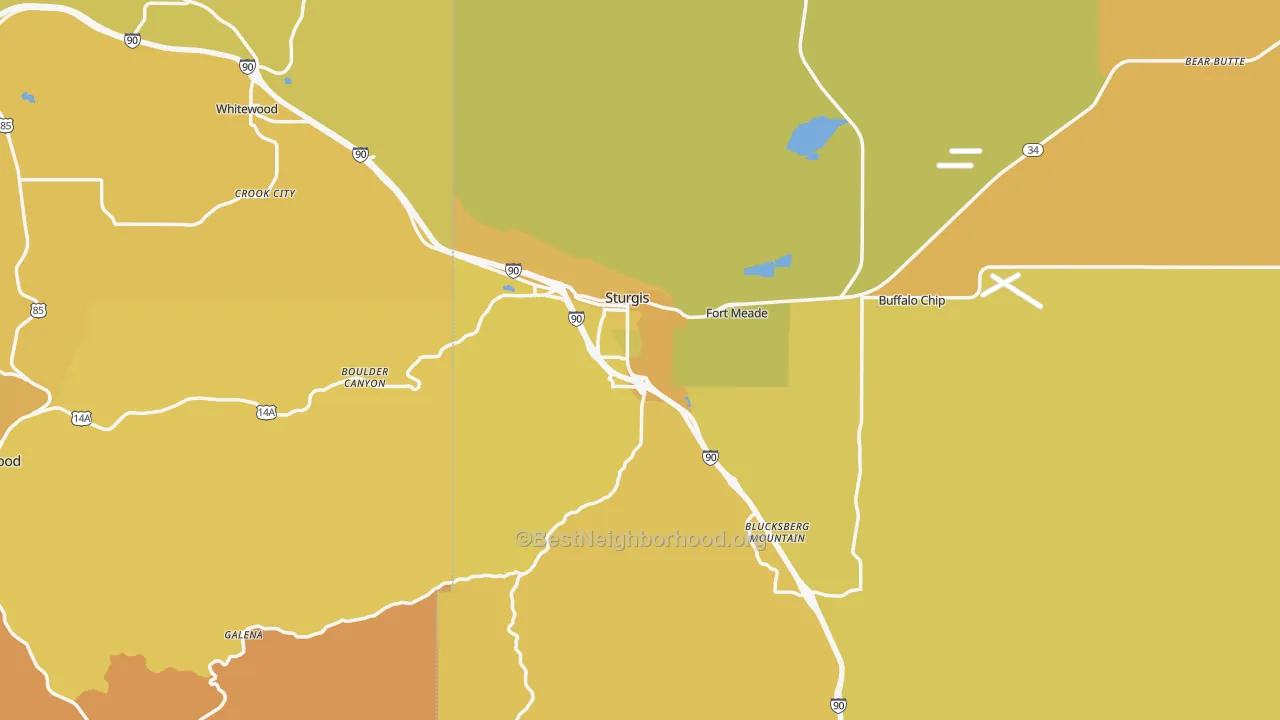 Map of the best neighborhoods in the 57785 area, with better matches in green and worse matches in red
