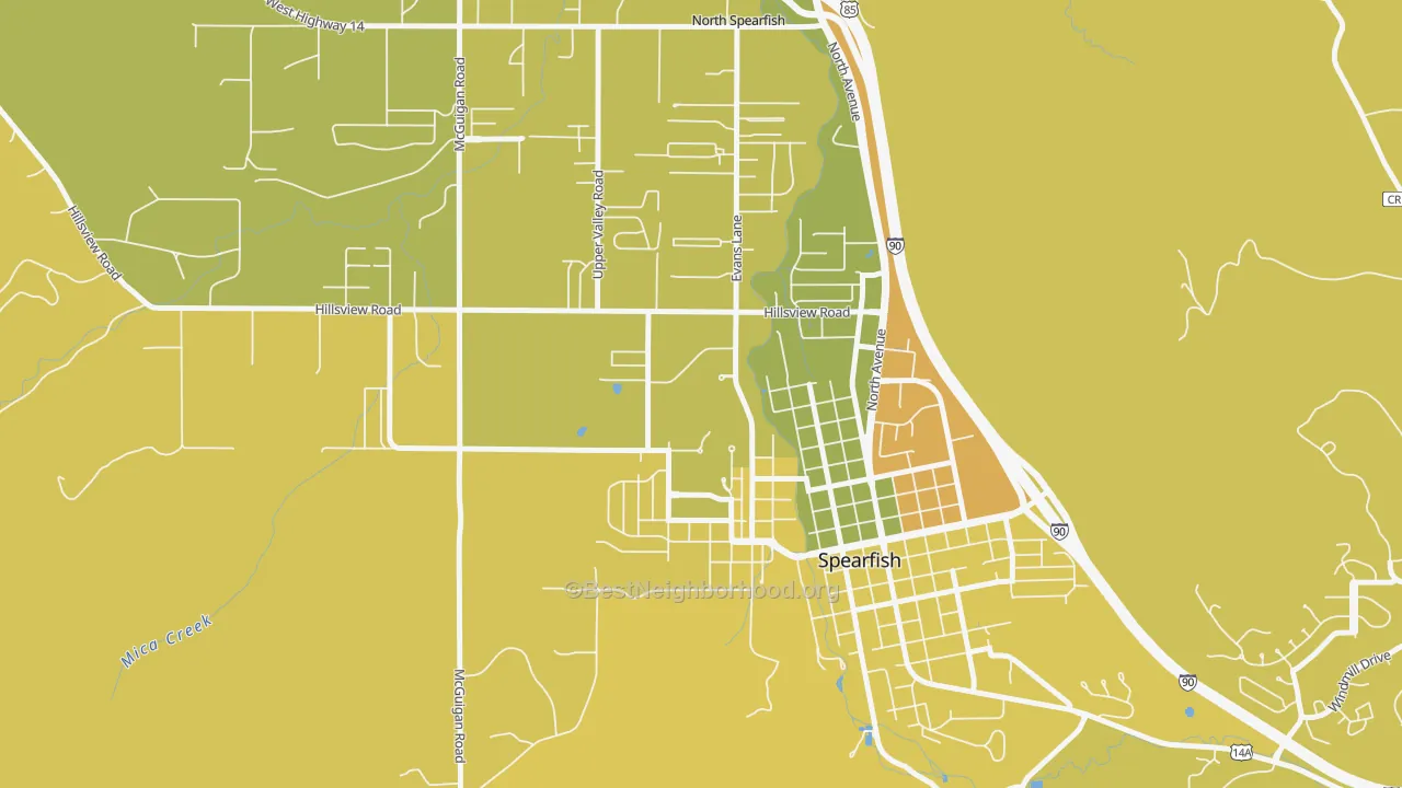 Map of the best neighborhoods in the 57799 area, with better matches in green and worse matches in red