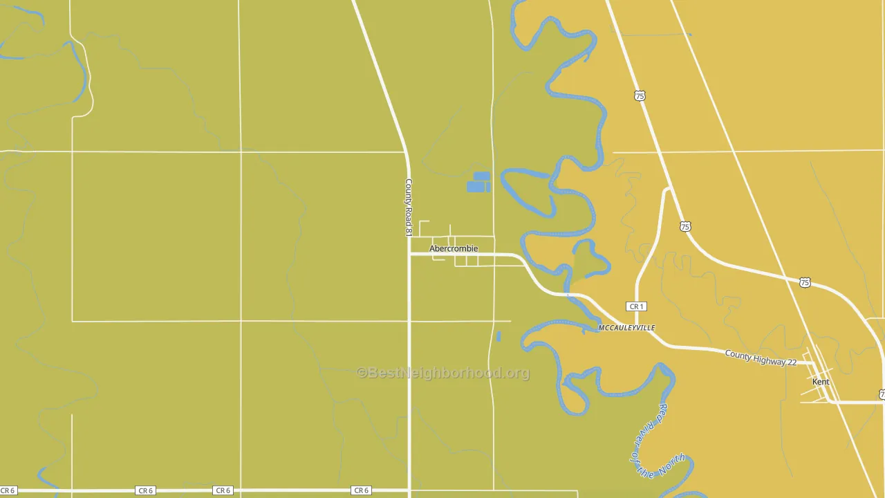 Map of the best neighborhoods in the 58001 area, with better matches in green and worse matches in red
