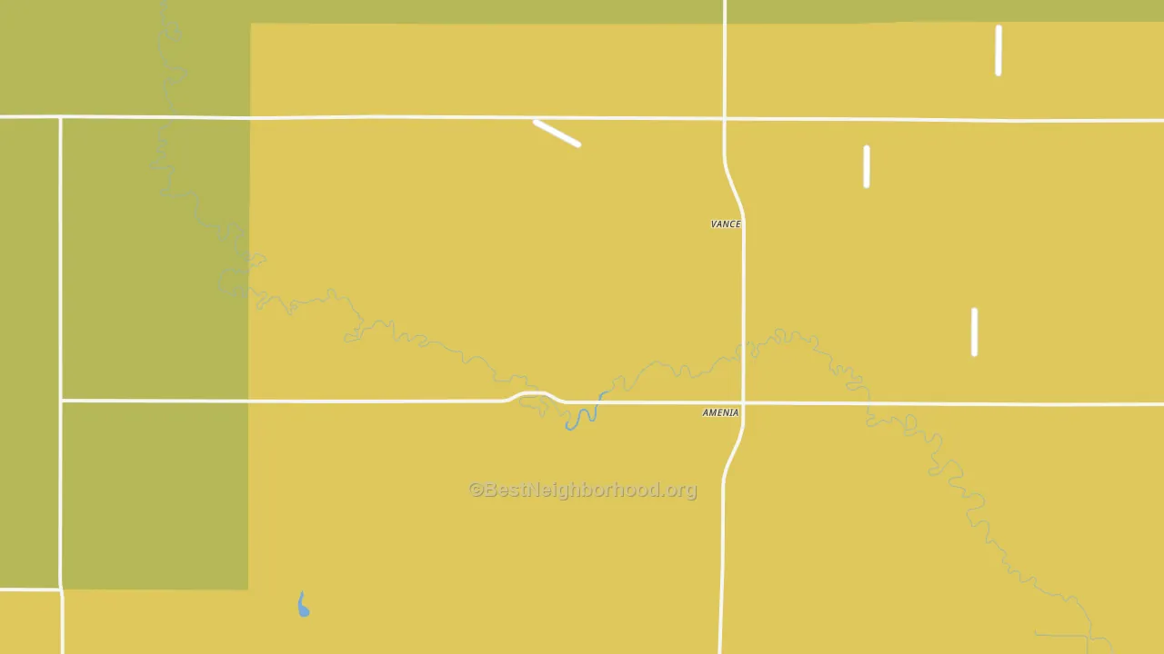 Map of the best neighborhoods in the 58004 area, with better matches in green and worse matches in red