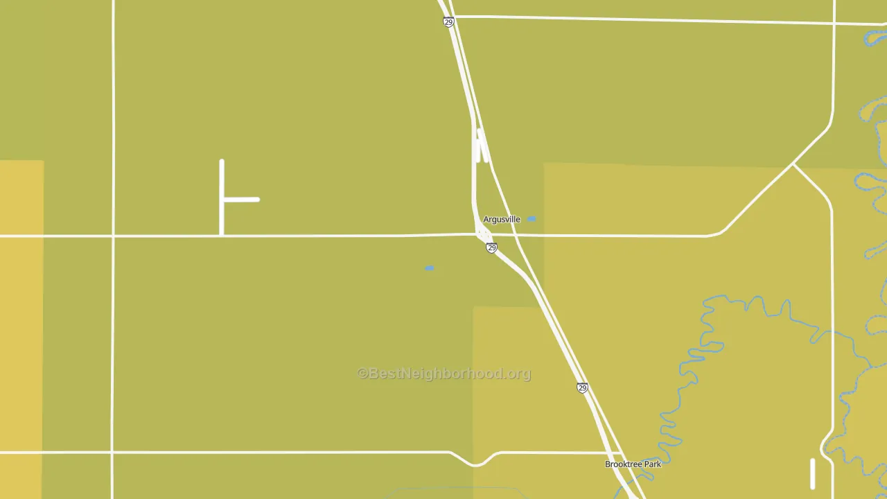 Map of the best neighborhoods in the 58005 area, with better matches in green and worse matches in red