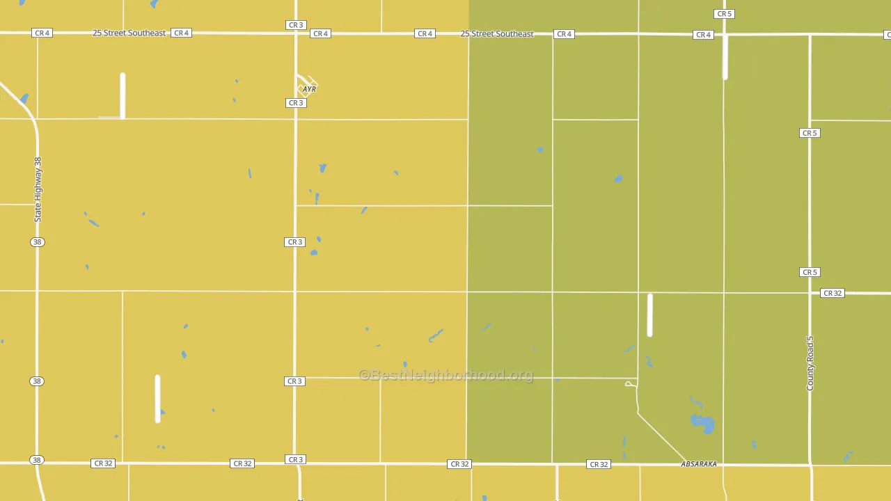 Map of the best neighborhoods in the 58007 area, with better matches in green and worse matches in red
