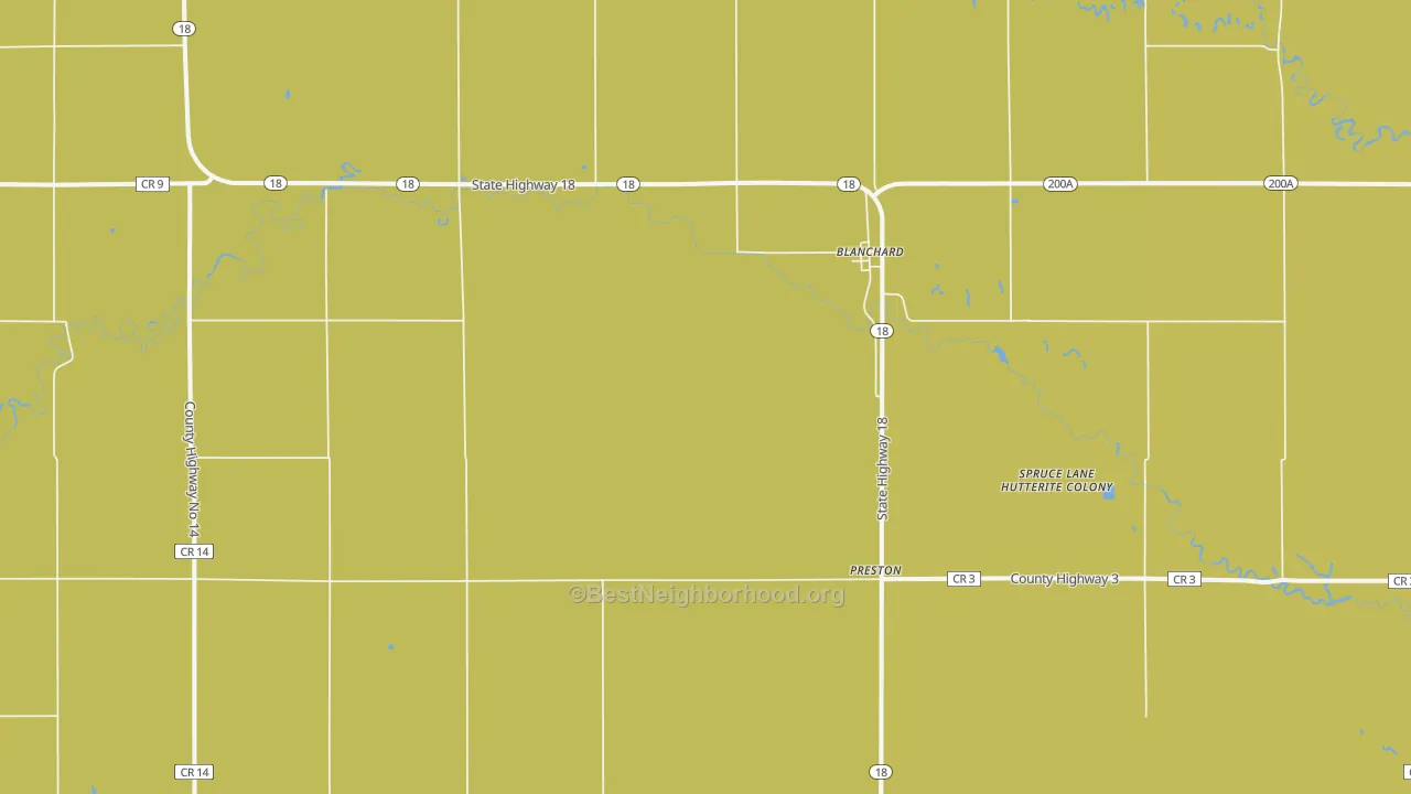 Map of the best neighborhoods in the 58009 area, with better matches in green and worse matches in red