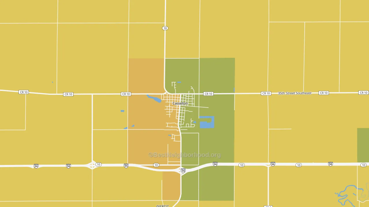 Map of the best neighborhoods in the 58012 area, with better matches in green and worse matches in red