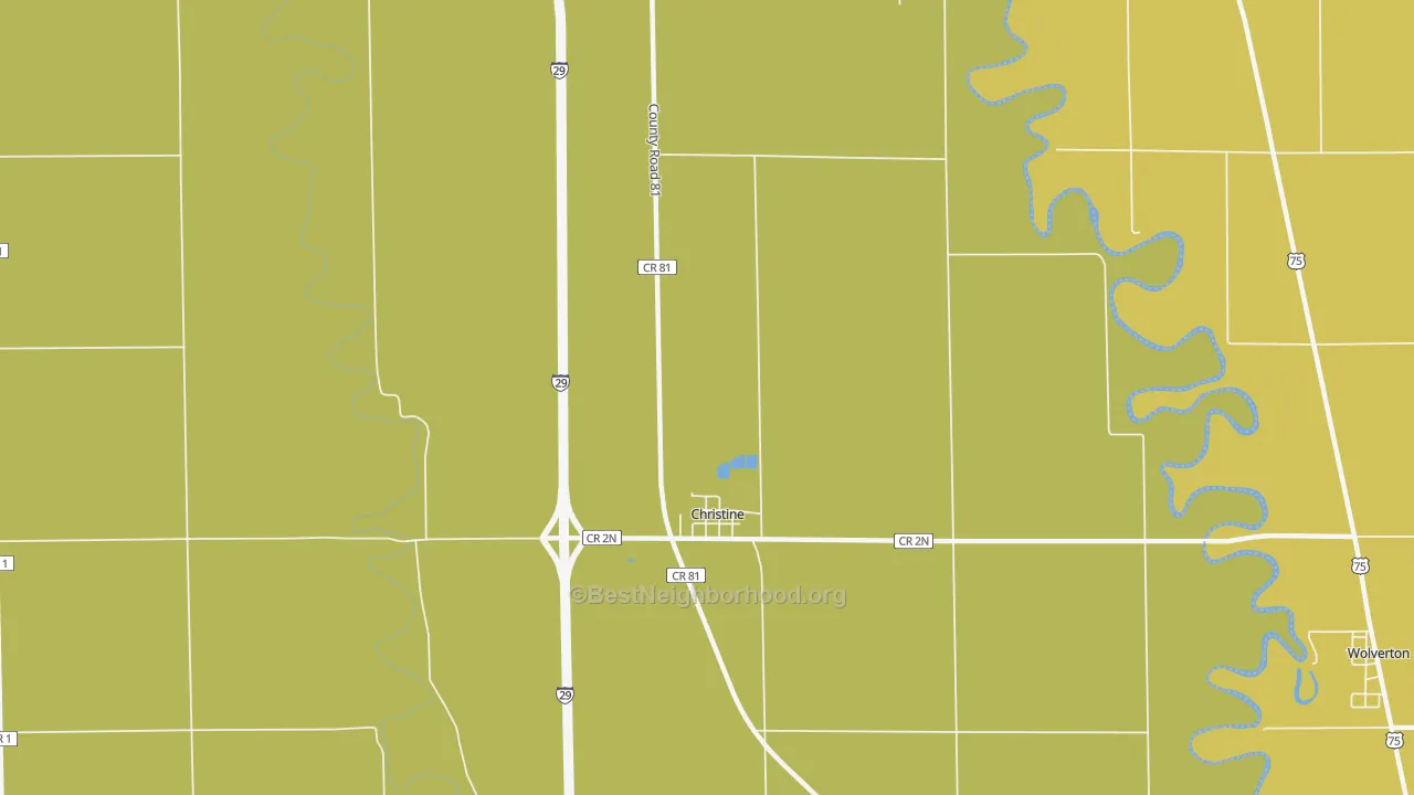 Map of the best neighborhoods in the 58015 area, with better matches in green and worse matches in red