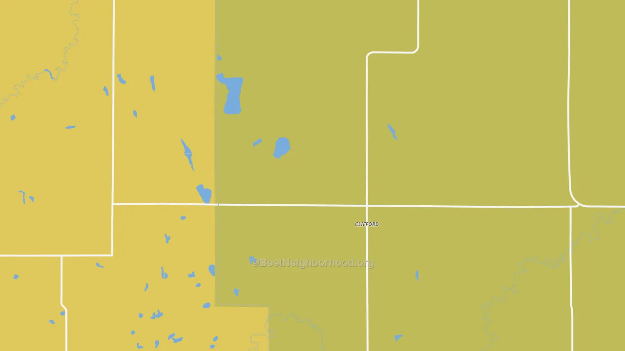 Map of the best neighborhoods in the 58016 area, with better matches in green and worse matches in red