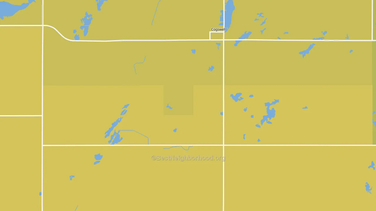 Map of the best neighborhoods in the 58017 area, with better matches in green and worse matches in red