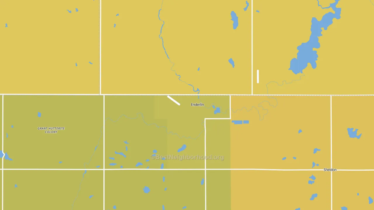 Map of the best neighborhoods in the 58027 area, with better matches in green and worse matches in red