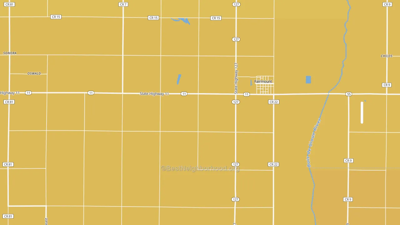 Map of the best neighborhoods in the 58030 area, with better matches in green and worse matches in red