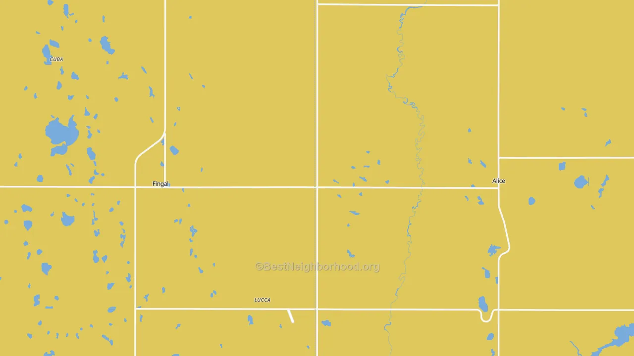 Map of the best neighborhoods in the 58031 area, with better matches in green and worse matches in red