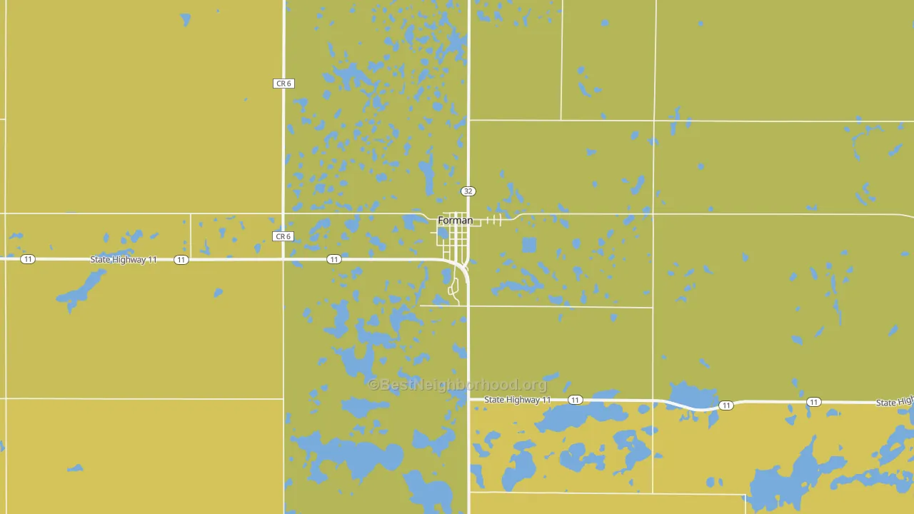 Map of the best neighborhoods in the 58032 area, with better matches in green and worse matches in red