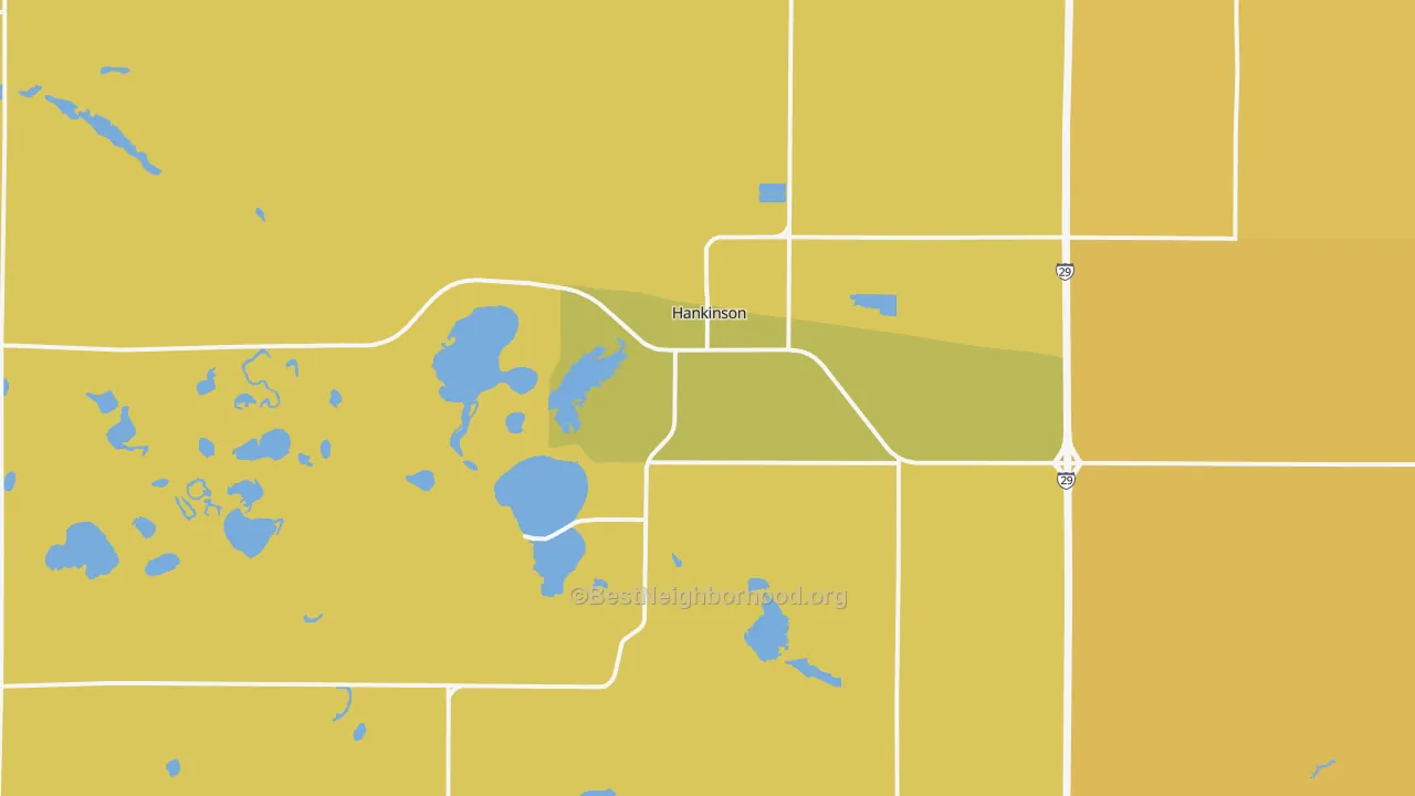 Map of the best neighborhoods in the 58041 area, with better matches in green and worse matches in red