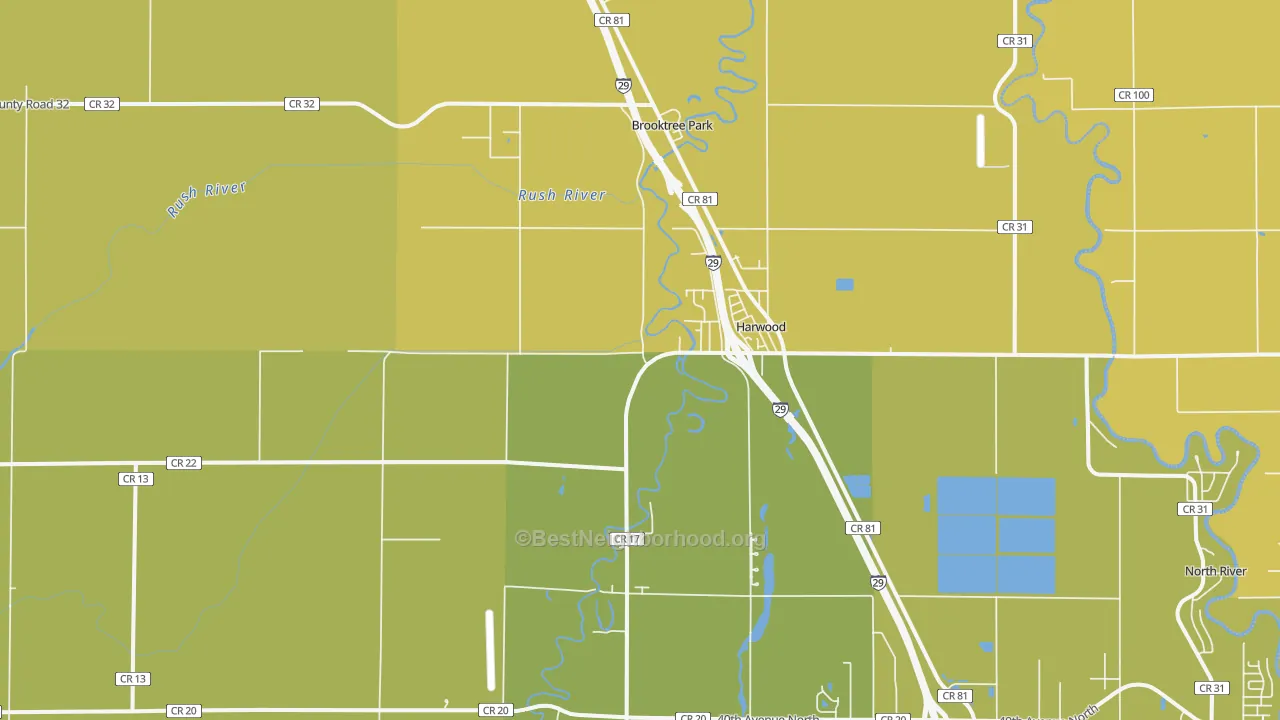 Map of the best neighborhoods in the 58042 area, with better matches in green and worse matches in red