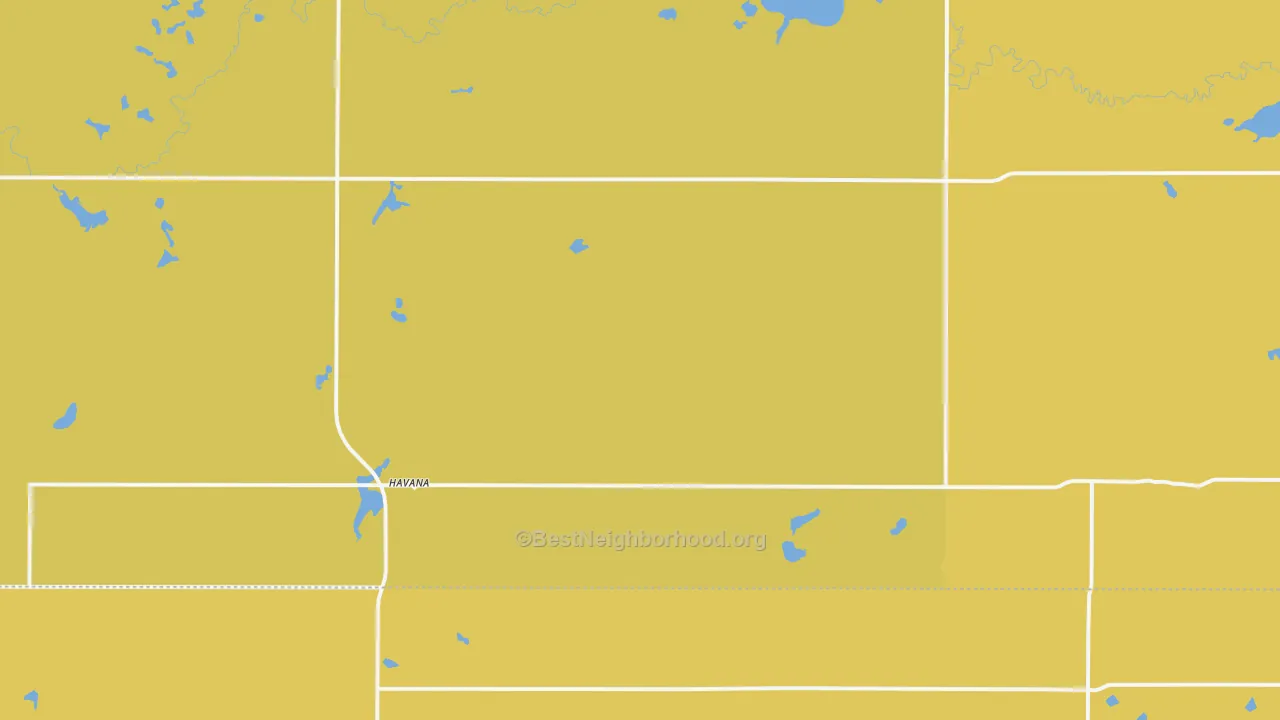 Map of the best neighborhoods in the 58043 area, with better matches in green and worse matches in red