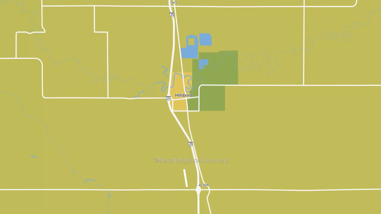 Map of the best neighborhoods in the 58045 area, with better matches in green and worse matches in red