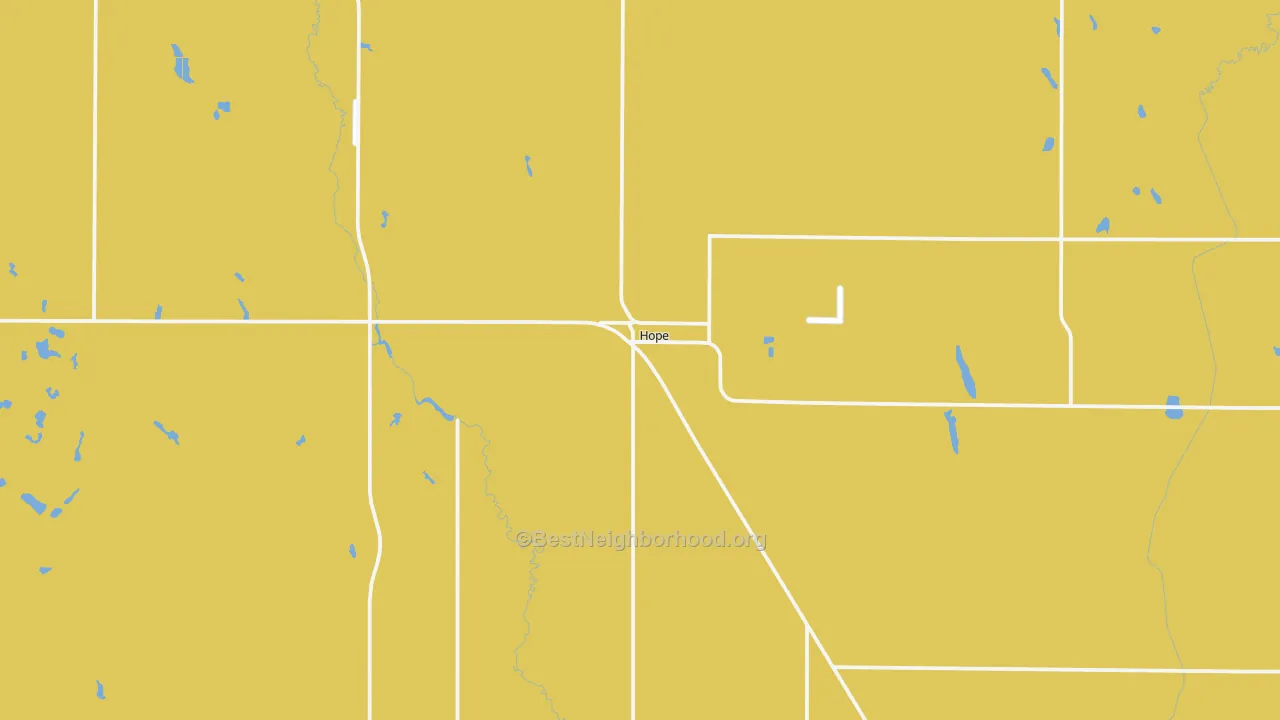 Map of the best neighborhoods in the 58046 area, with better matches in green and worse matches in red