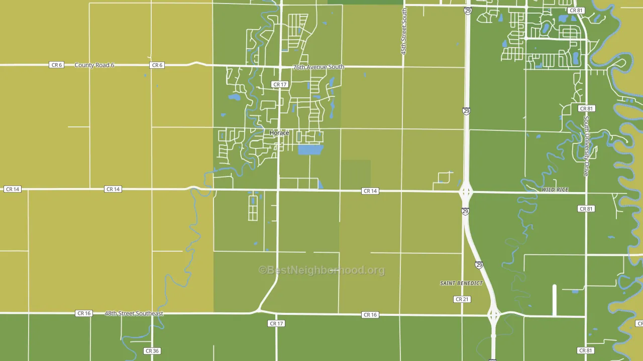 Map of the best neighborhoods in the 58047 area, with better matches in green and worse matches in red