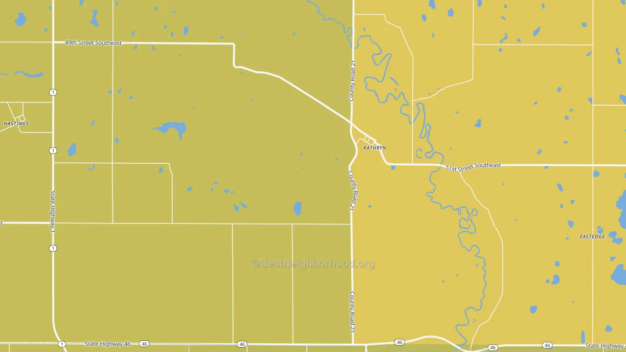 Map of the best neighborhoods in the 58049 area, with better matches in green and worse matches in red