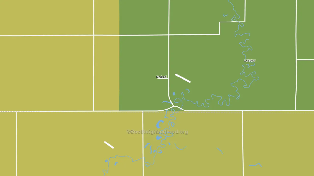 Map of the best neighborhoods in the 58051 area, with better matches in green and worse matches in red