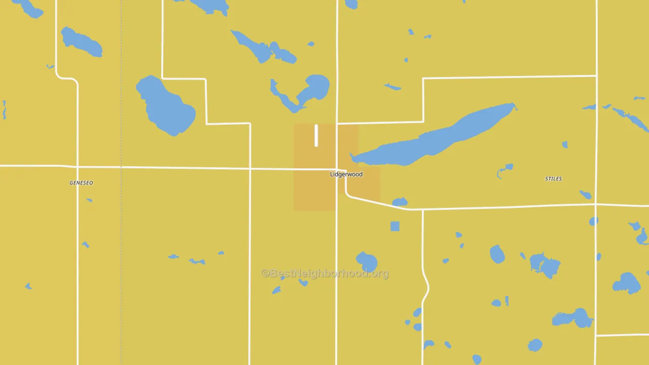 Map of the best neighborhoods in the 58053 area, with better matches in green and worse matches in red