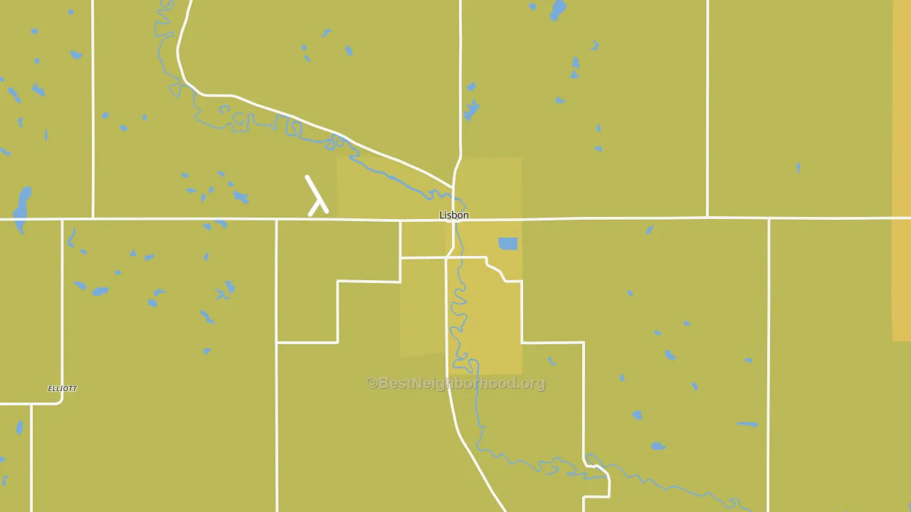 Map of the best neighborhoods in the 58054 area, with better matches in green and worse matches in red