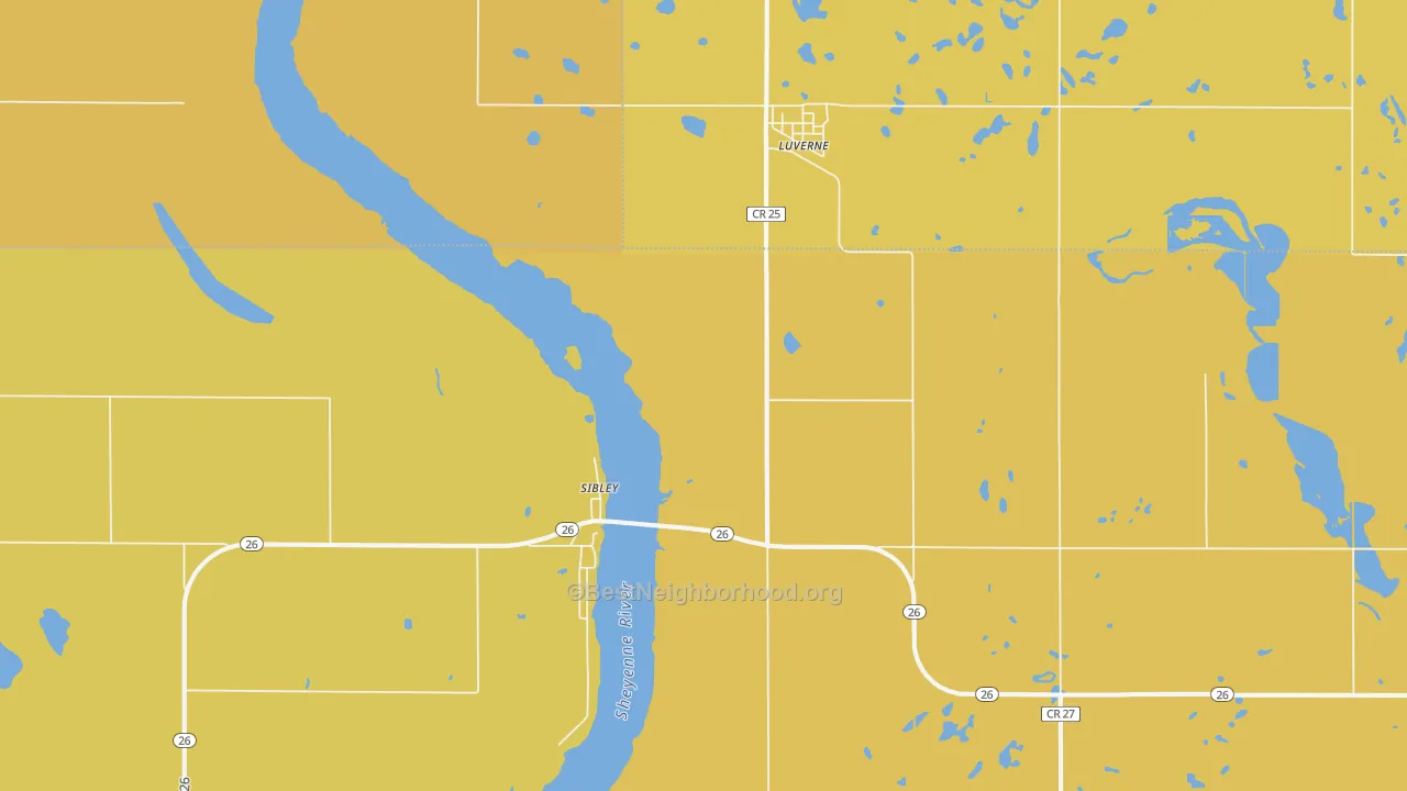 Map of the best neighborhoods in the 58056 area, with better matches in green and worse matches in red