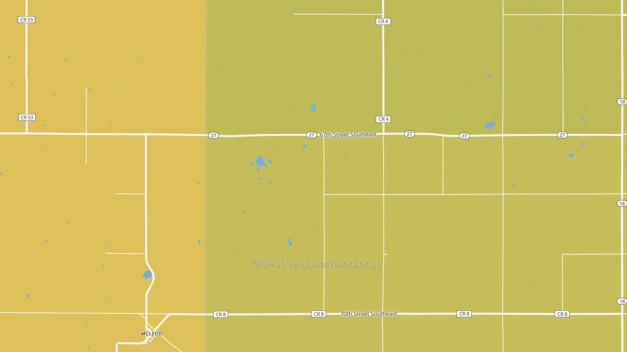 Map of the best neighborhoods in the 58057 area, with better matches in green and worse matches in red