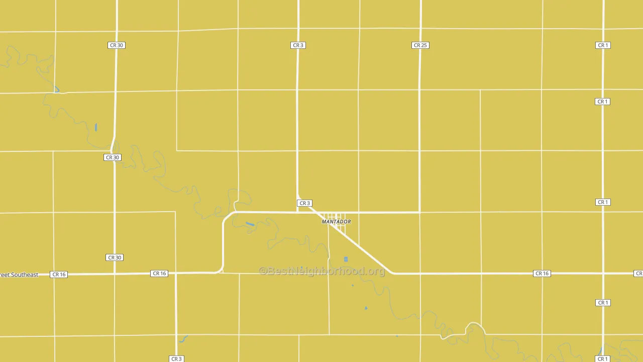 Map of the best neighborhoods in the 58058 area, with better matches in green and worse matches in red