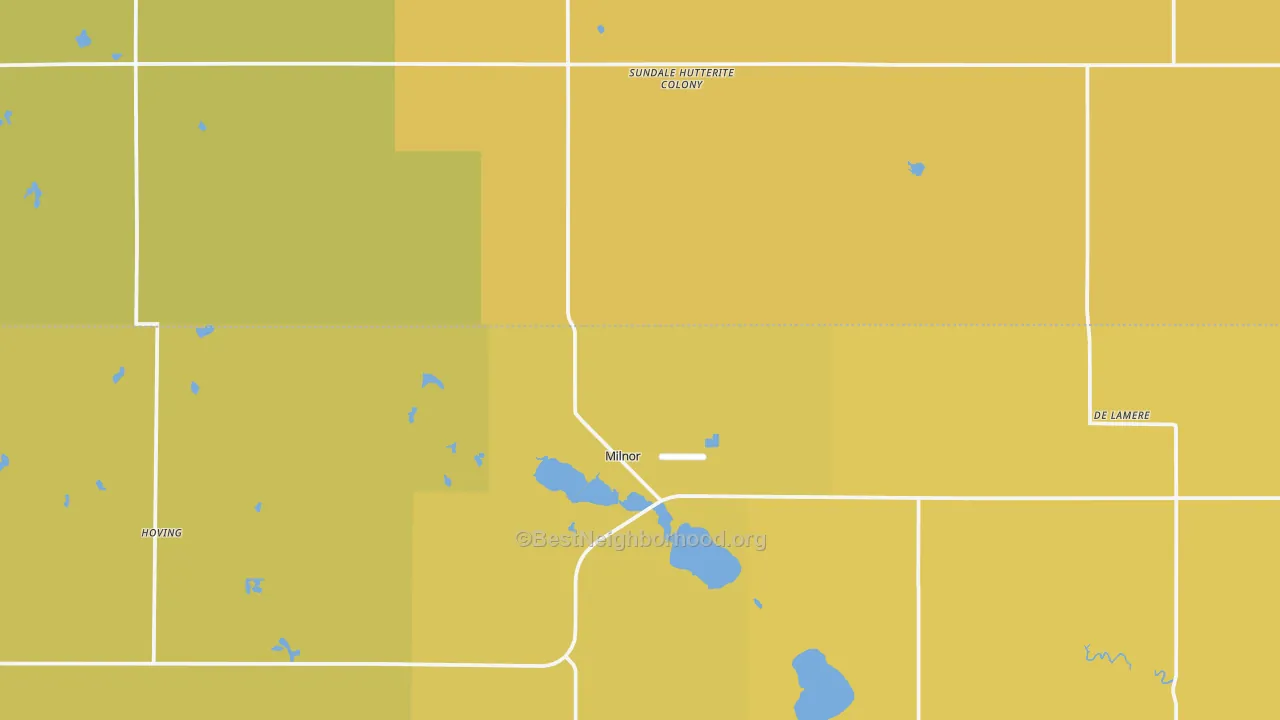 Map of the best neighborhoods in the 58060 area, with better matches in green and worse matches in red