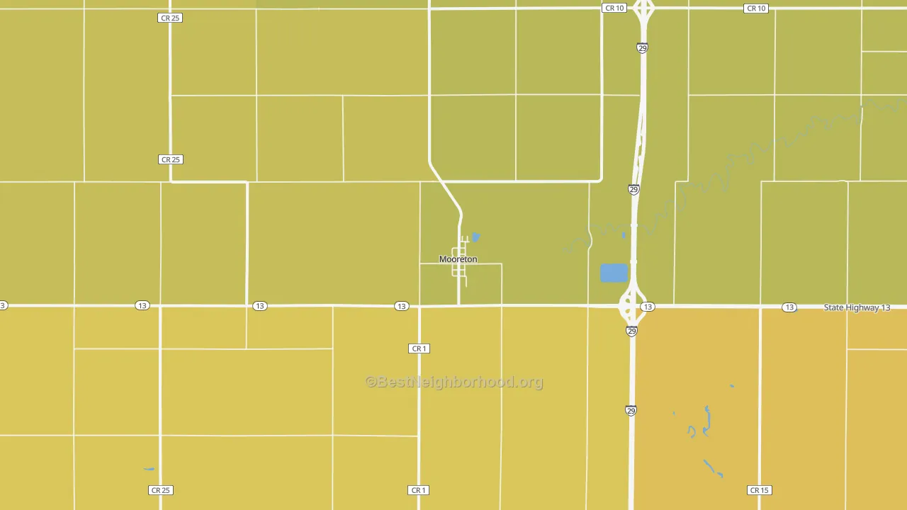 Map of the best neighborhoods in the 58061 area, with better matches in green and worse matches in red
