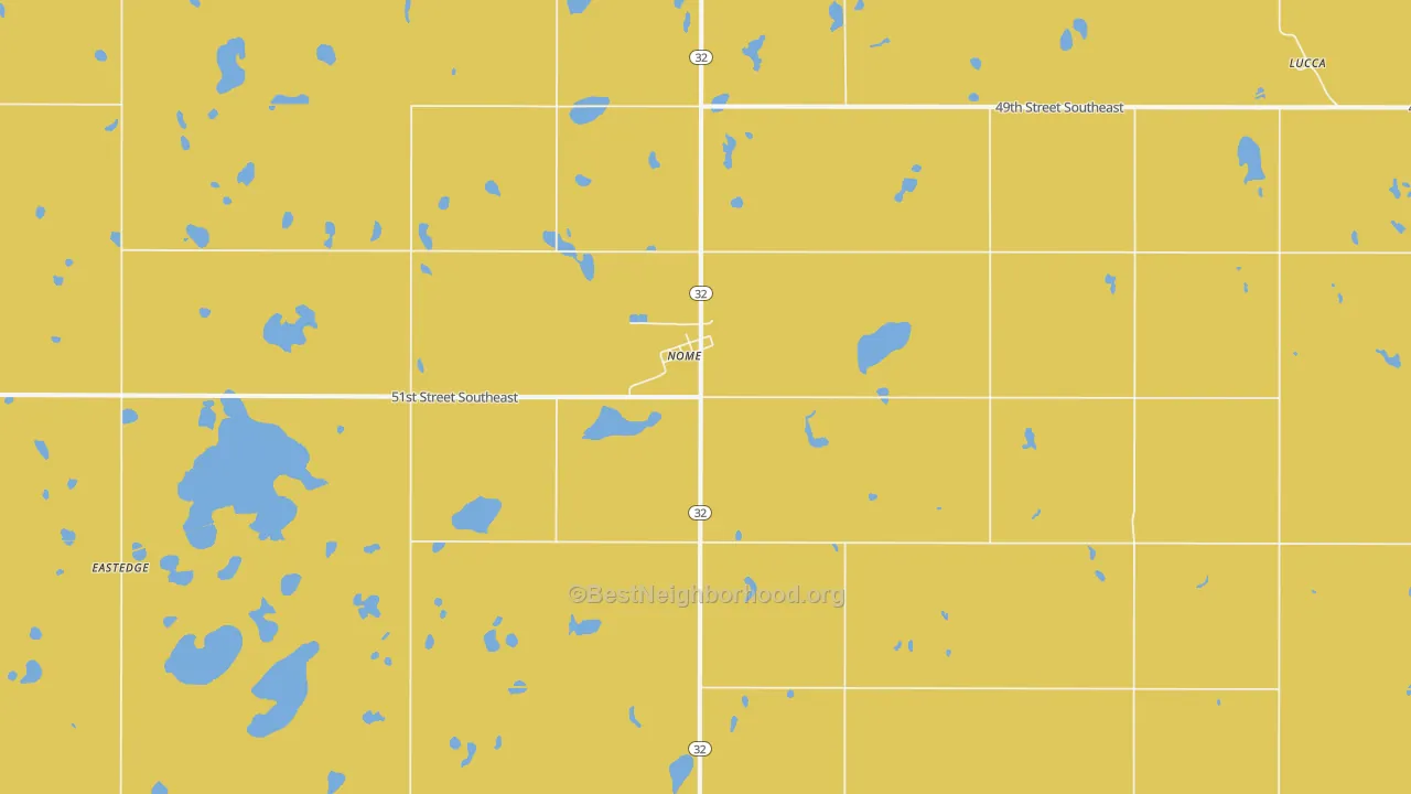 Map of the best neighborhoods in the 58062 area, with better matches in green and worse matches in red