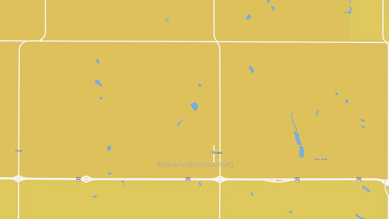Map of the best neighborhoods in the 58063 area, with better matches in green and worse matches in red