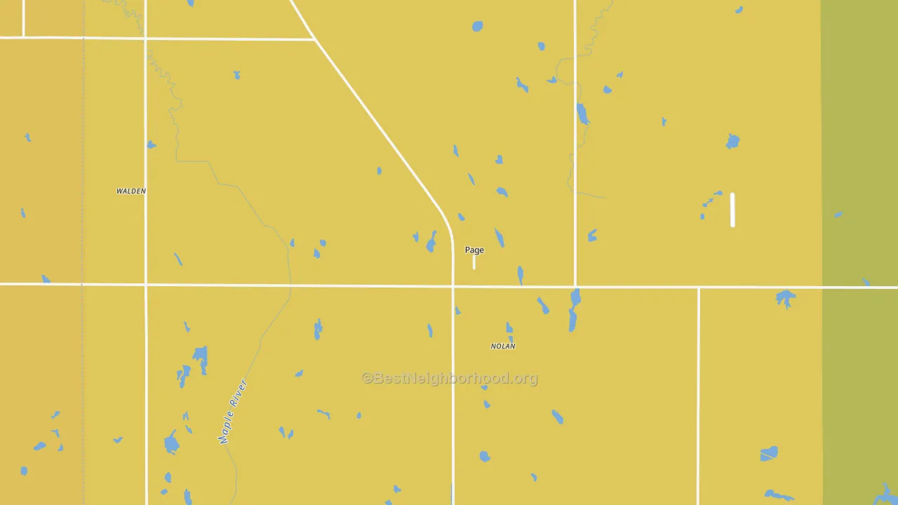 Map of the best neighborhoods in the 58064 area, with better matches in green and worse matches in red
