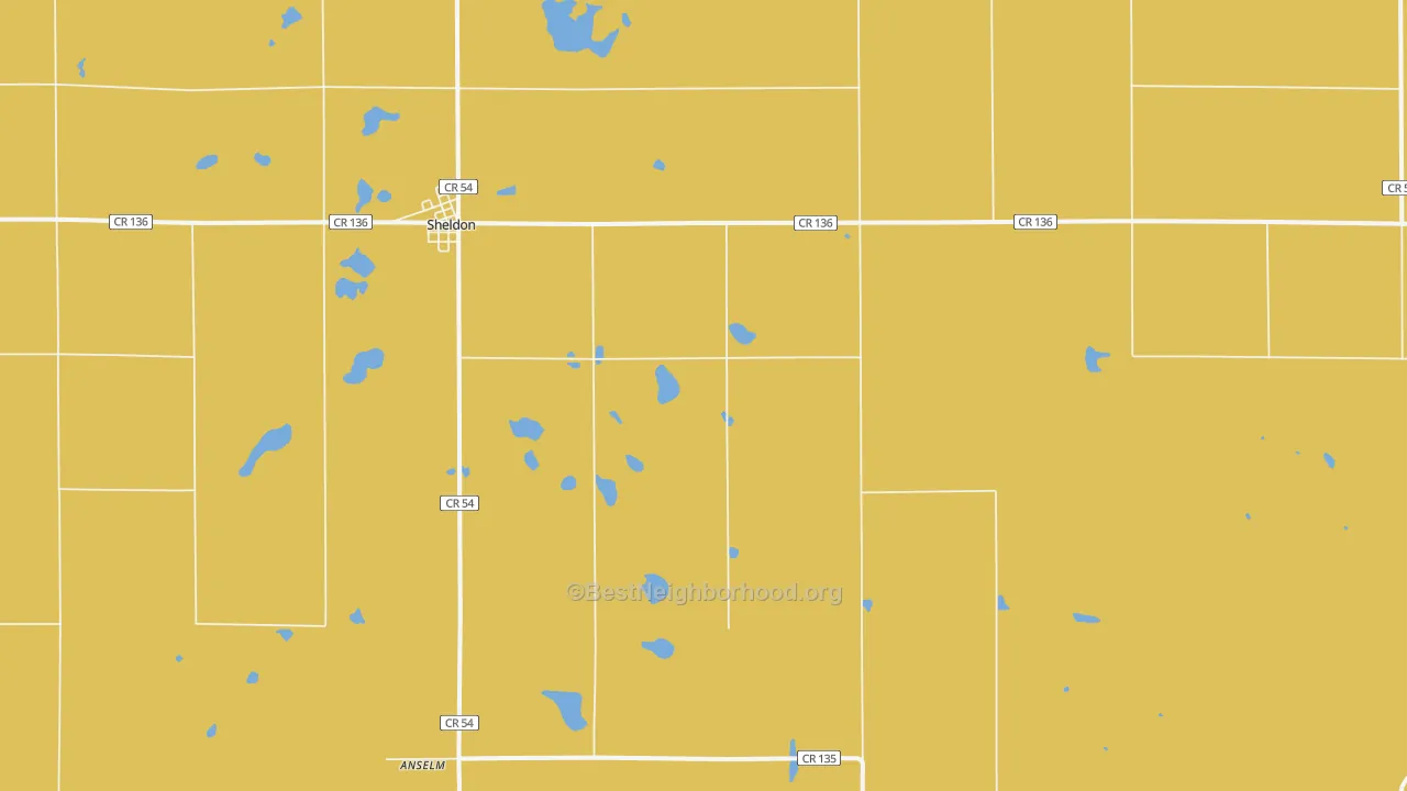 Map of the best neighborhoods in the 58068 area, with better matches in green and worse matches in red