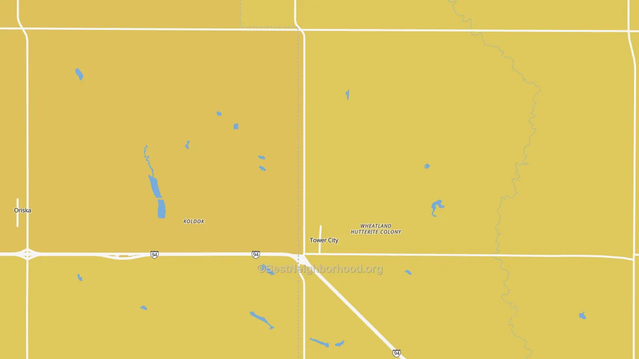 Map of the best neighborhoods in the 58071 area, with better matches in green and worse matches in red