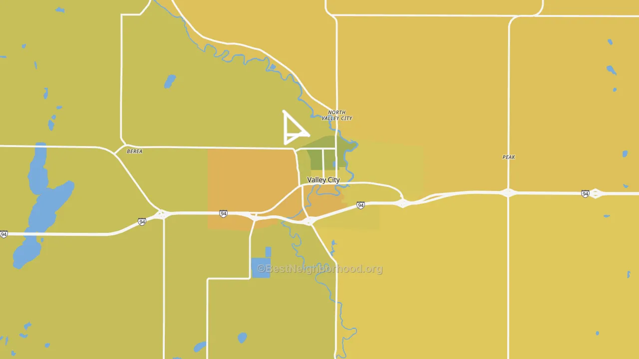 Map of the best neighborhoods in the 58072 area, with better matches in green and worse matches in red