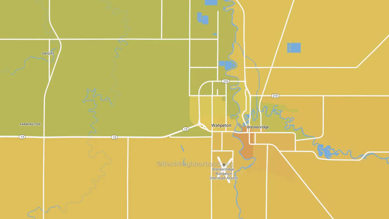Map of the best neighborhoods in the 58075 area, with better matches in green and worse matches in red