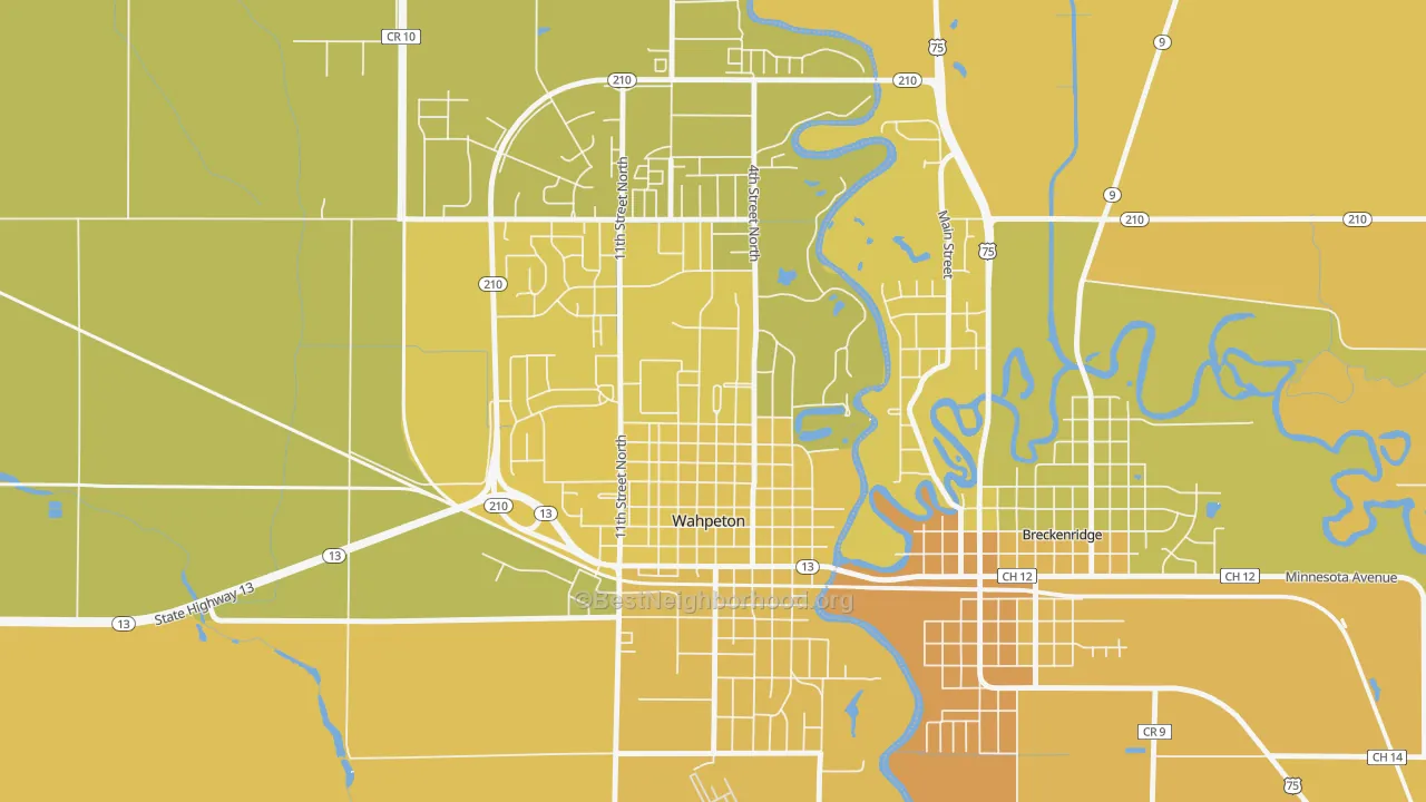 Map of the best neighborhoods in the 58076 area, with better matches in green and worse matches in red