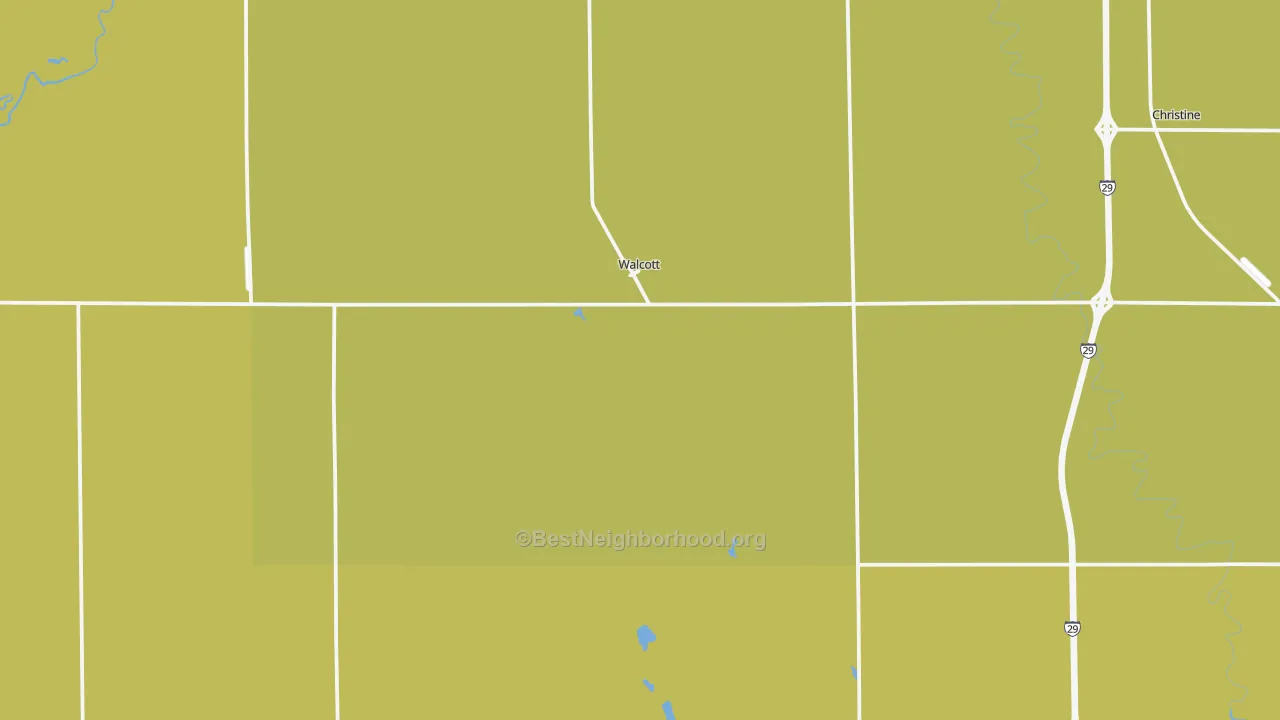 Map of the best neighborhoods in the 58077 area, with better matches in green and worse matches in red